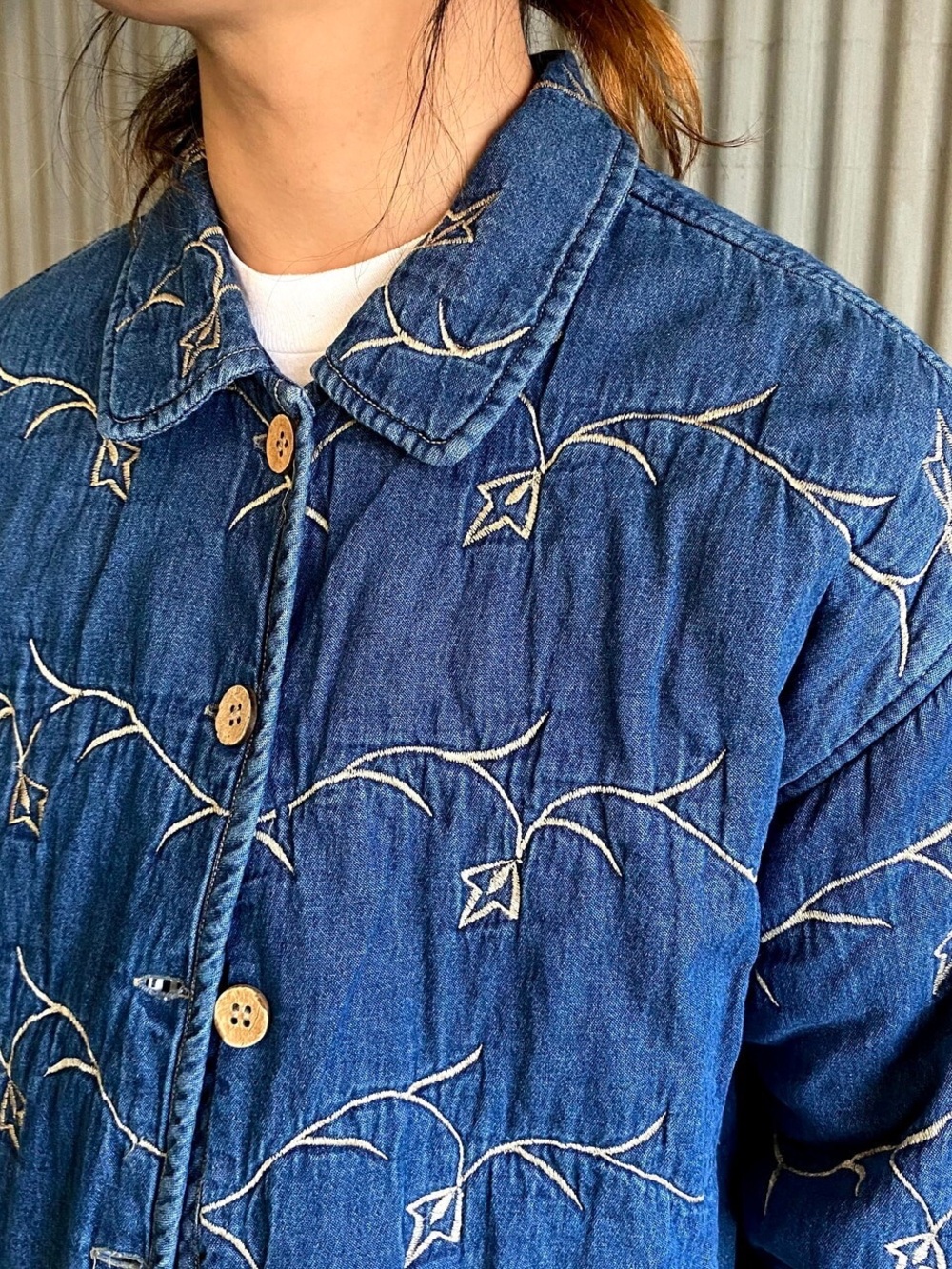 Vintage 1980s quilted denim jacket with floral embroidery